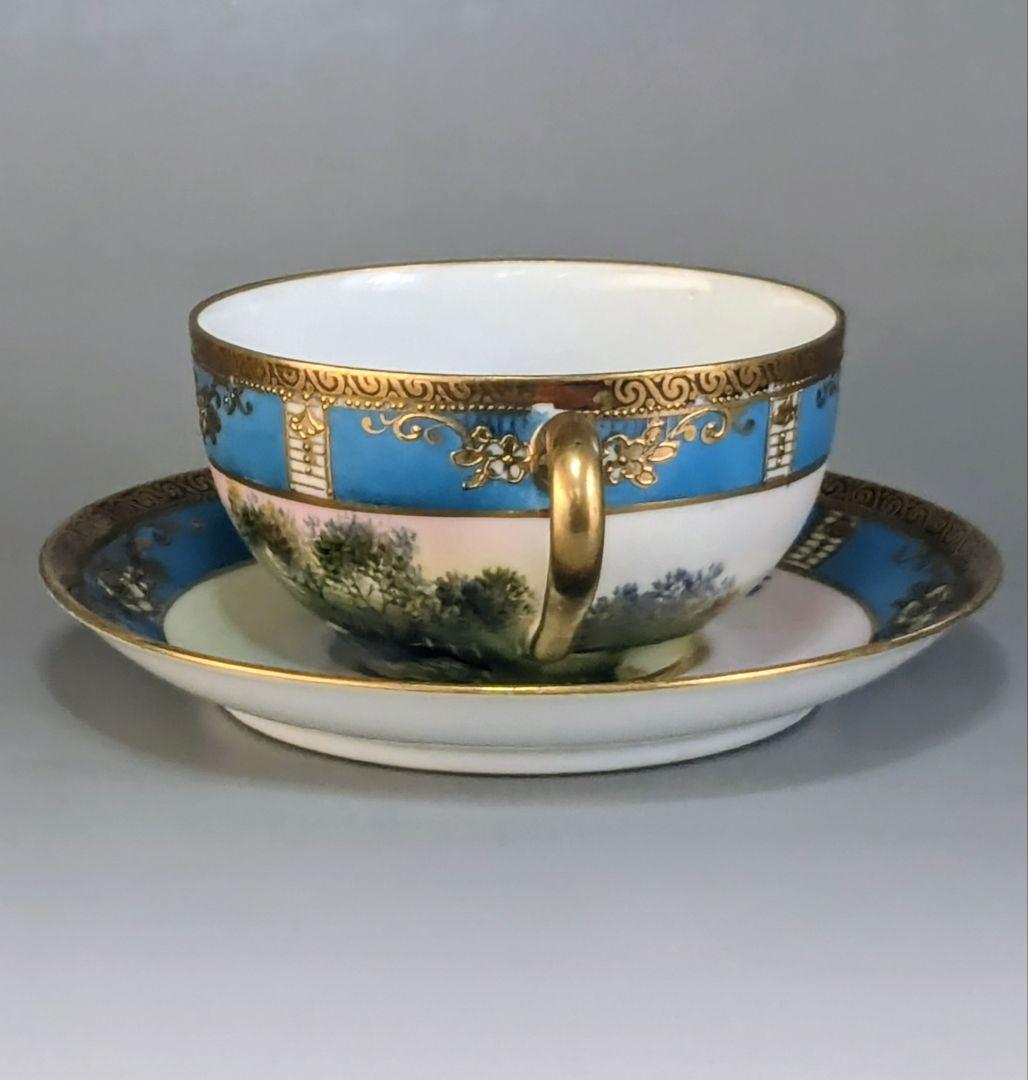 オールドノリタケ カップ＆ソーサー　金彩金盛上湖畔風景白鳥図 　　有名パターン