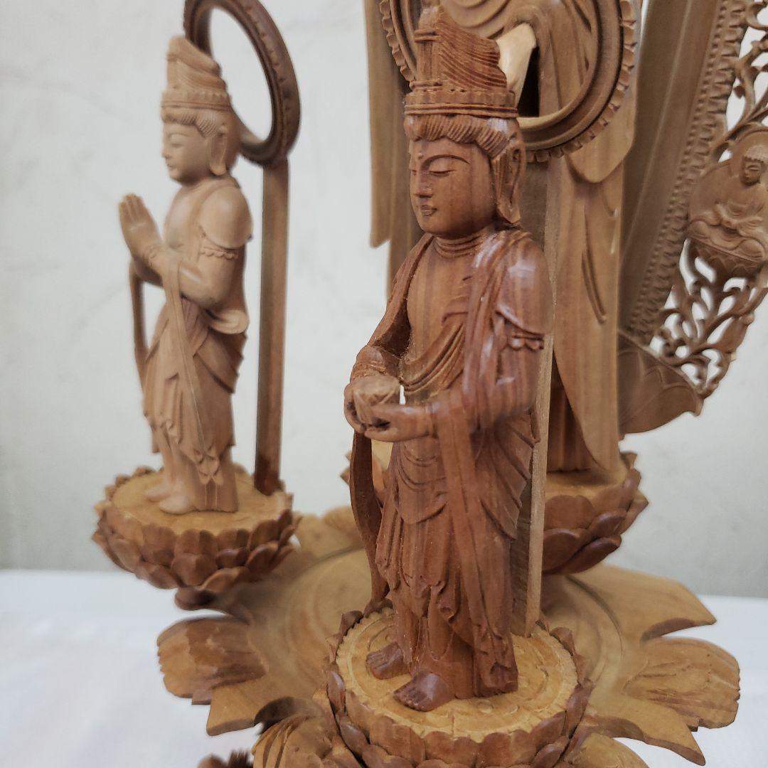 Ｂフライデー後背羅漢彫★総白檀 阿弥陀如来三尊像6寸立 眼入観音菩薩・勢至菩薩付