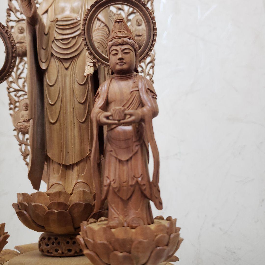 Ｂフライデー後背羅漢彫★総白檀 阿弥陀如来三尊像6寸立 眼入観音菩薩・勢至菩薩付