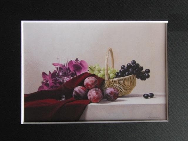奥江一太、【籠と果実】、希少な額装用画集画、新品高級額 額装付、状態良好