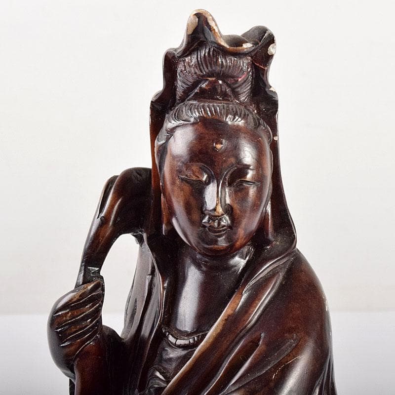 中国　玉石蝋石　唐子観音像　置物　唐木台付　M　R4735