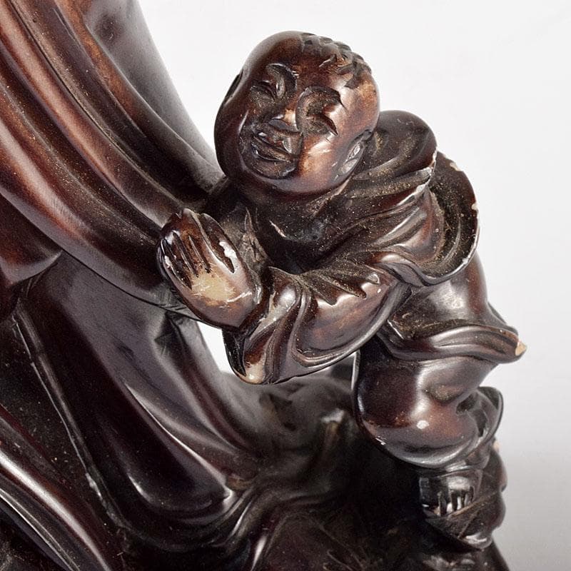 中国　玉石蝋石　唐子観音像　置物　唐木台付　M　R4735