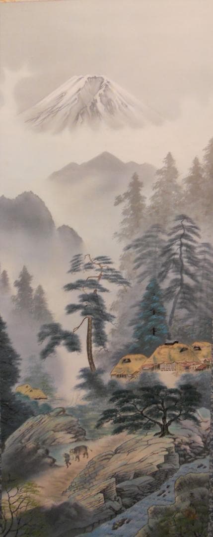 掛け軸 忠義 彩色山水 絹本 希少 軸装 茶道具 掛軸 美品 二重化粧箱 です。