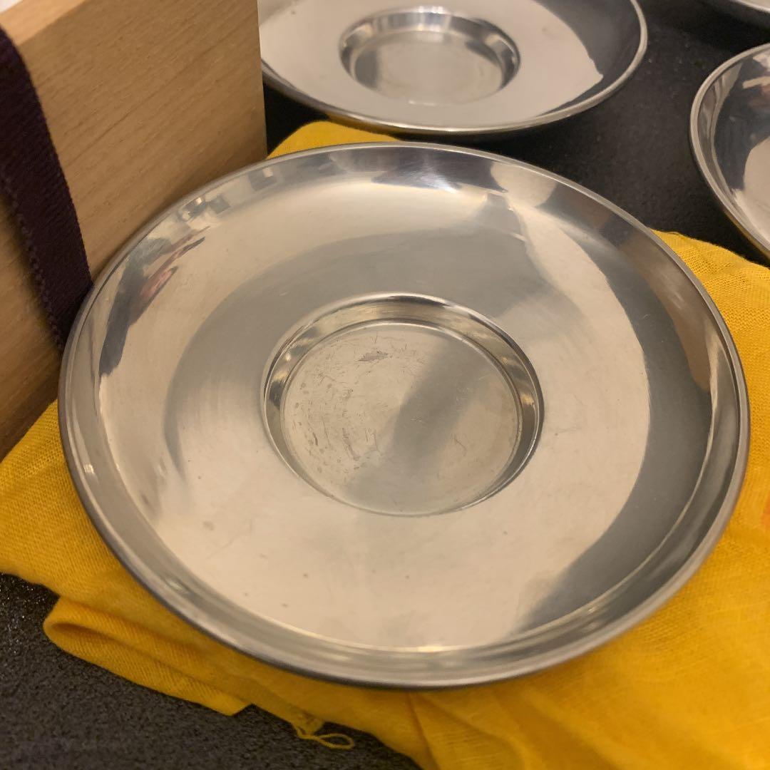 秦蔵六 純錫園式茶托　５客揃 煎茶道具 蔵苑造在銘 共箱 園式、静壽居 純錫茶托
