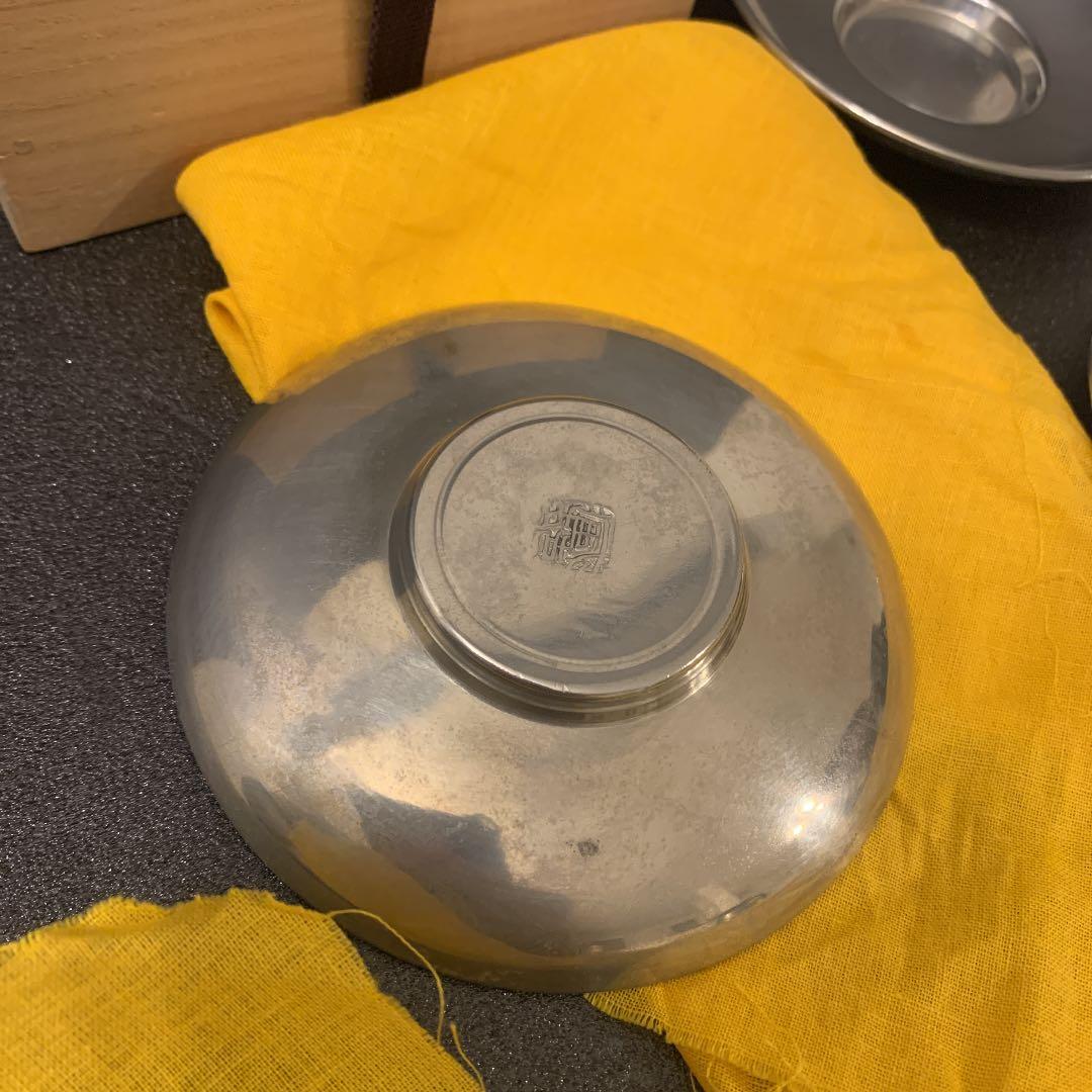 秦蔵六 純錫園式茶托　５客揃 煎茶道具 蔵苑造在銘 共箱 園式、静壽居 純錫茶托