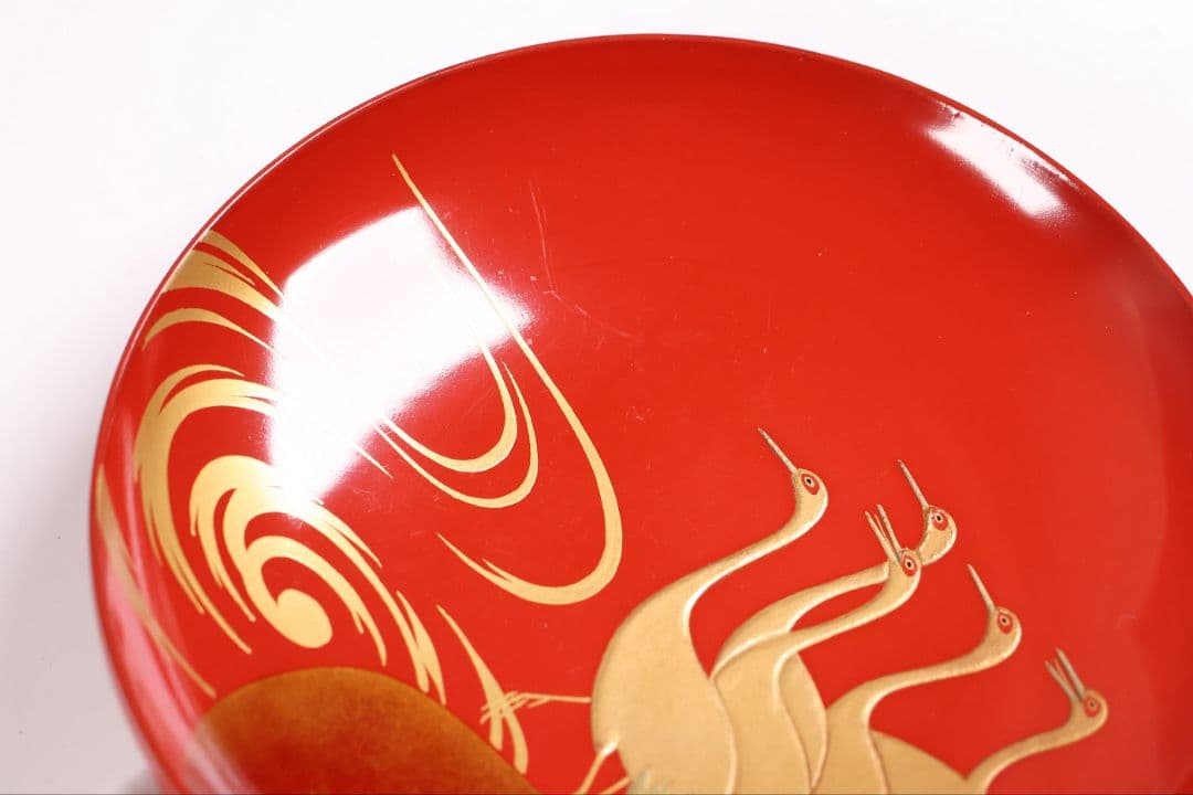 【CM373】時代木製漆器 光琳写 金蒔絵 群鶴図 朱塗 引盃 五客 小皿 杯