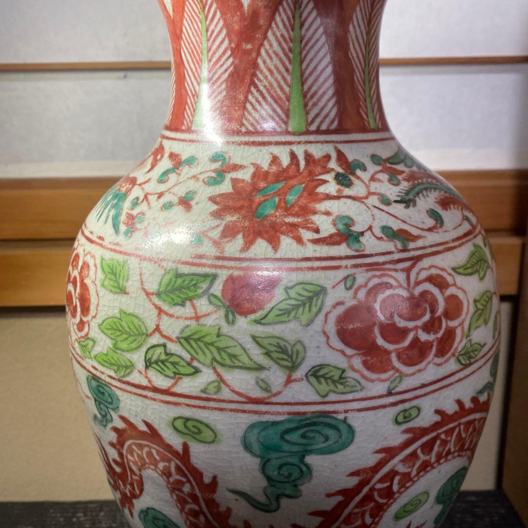 中国古玩　色絵鳳凰龍図花瓶【桐箱付】