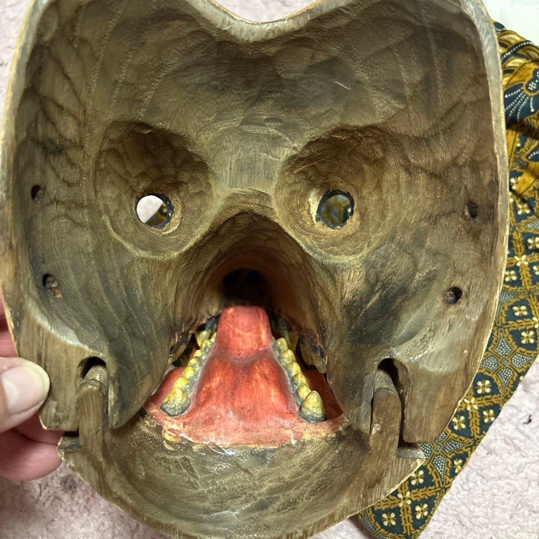 木製犬面 能面 伝統的装飾付き　狐