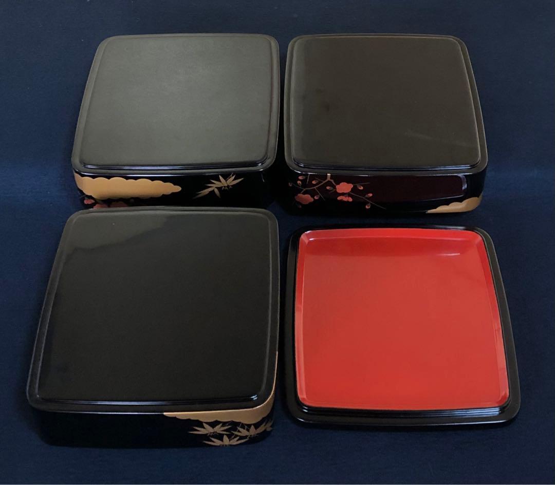 《R》輪島塗 雲松竹梅蒔絵 三段重 重台付 木製漆器 木箱　260116き4