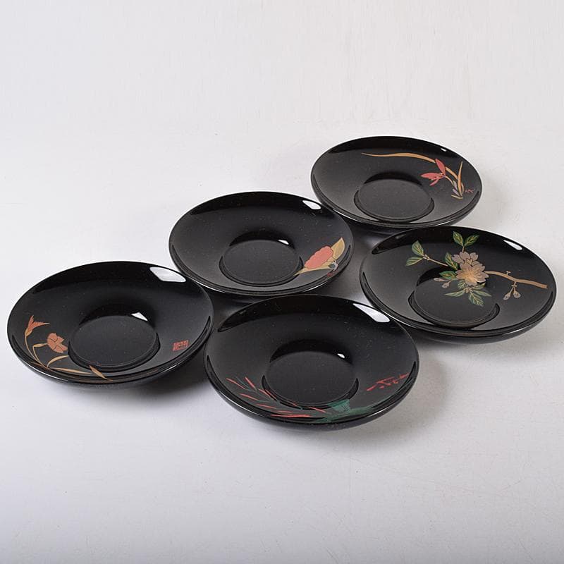 輪島塗　五作家　榎木盛　小森克巳など　草花蒔絵　茶托　五客　共箱　MR8548B