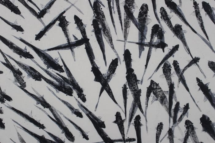 櫛田諄造　群ー1　木版画　魚　9/30　自筆サイン有