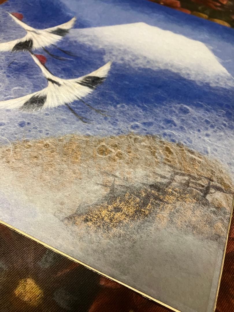 和紙貼り絵師　山内一生　翔　縁起物　富士山に二双鶴の図　銘　小原工芸紙　栞