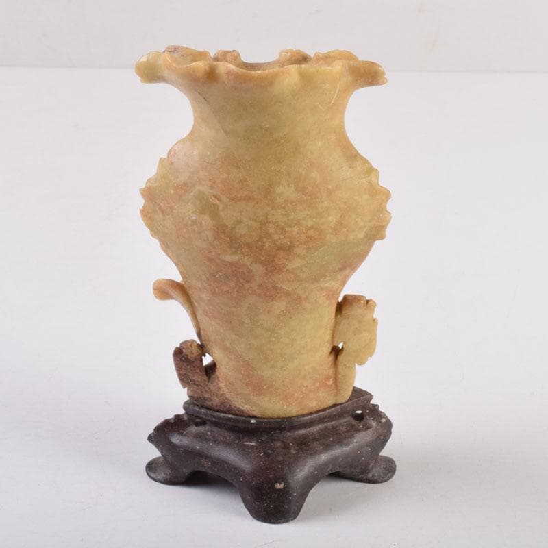 中国　玉石寿山石　花草刻　飾壷　花壷　置物　時代箱　C　8452