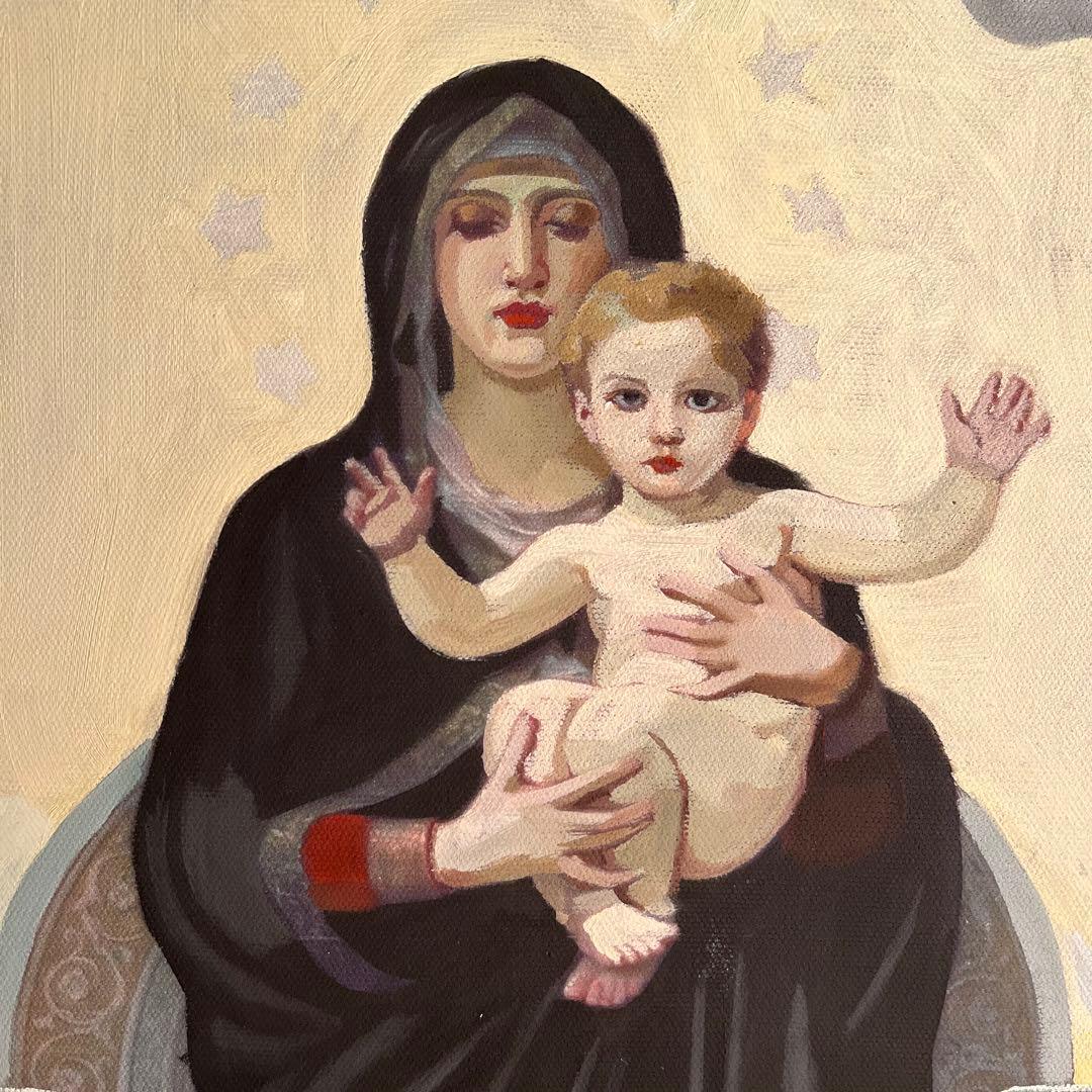手書き油絵 ブグロー 天使と聖母絵画 額付き インテリア 油彩画