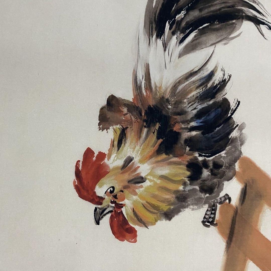 掛け軸 四尺 中堂 水墨画 金鶏図 齊白石 宣紙 表装済み 防伪証明書付