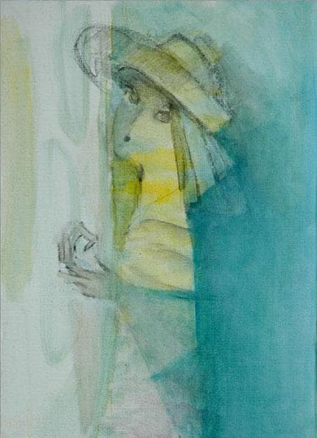 油絵 菅家令子 絵 絵画インテリア額付(青緑＋金色の枠) F4-071012女性