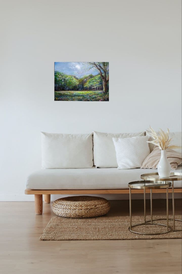 油絵風景画　風景画　新緑　油彩　画家painterTMK本人出品　春風景画