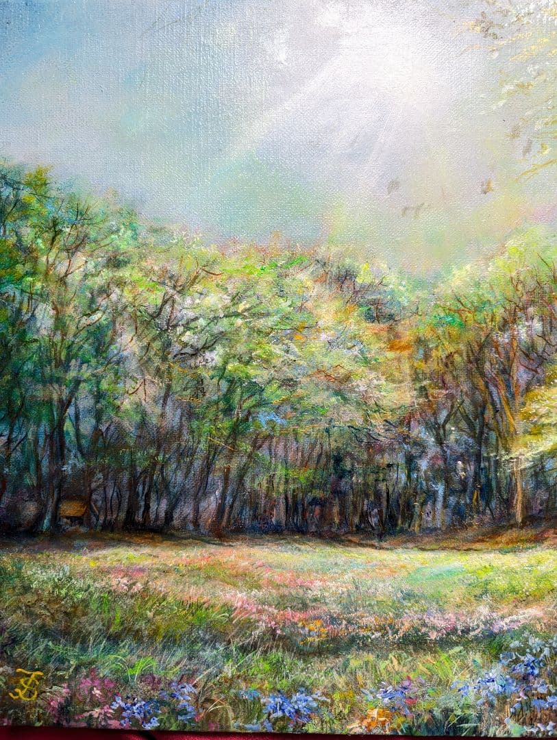 油絵風景画　風景画　新緑　油彩　画家painterTMK本人出品　春風景画