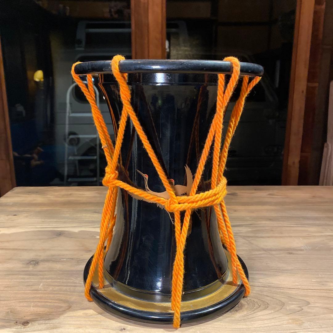 鶴文様 飾り用 小太鼓 黒漆調