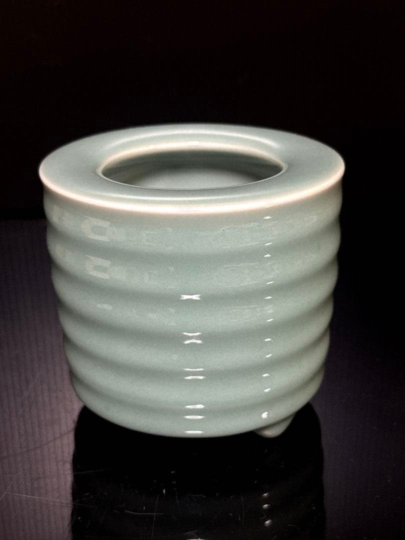 超絶技巧 金工師 在銘 純銀 火屋付 嘉光 造 青磁 輪線筒型 香炉 桐共箱付