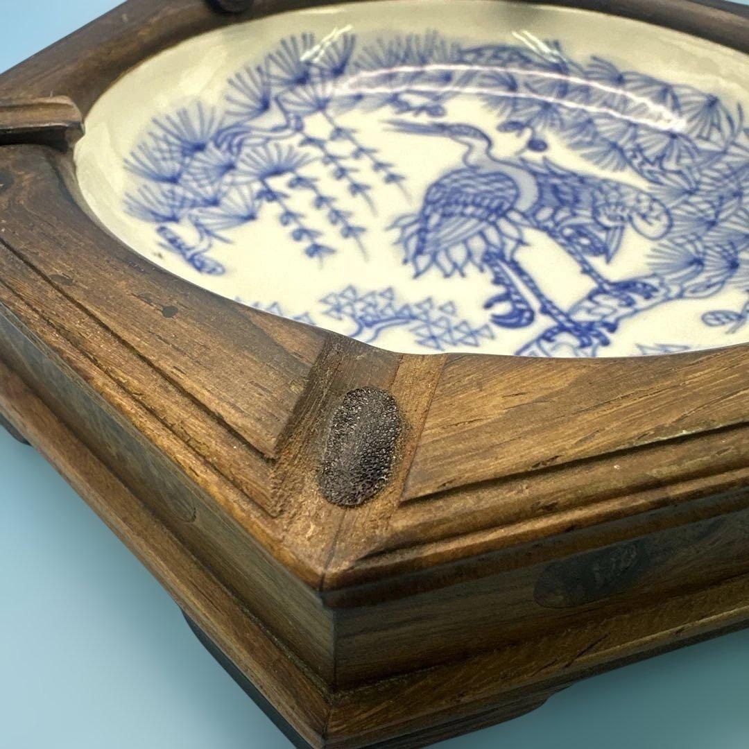 唐木 中国 灰皿 置物 アンティーク 青い鶴の陶器皿 六角形 木製フレーム付き