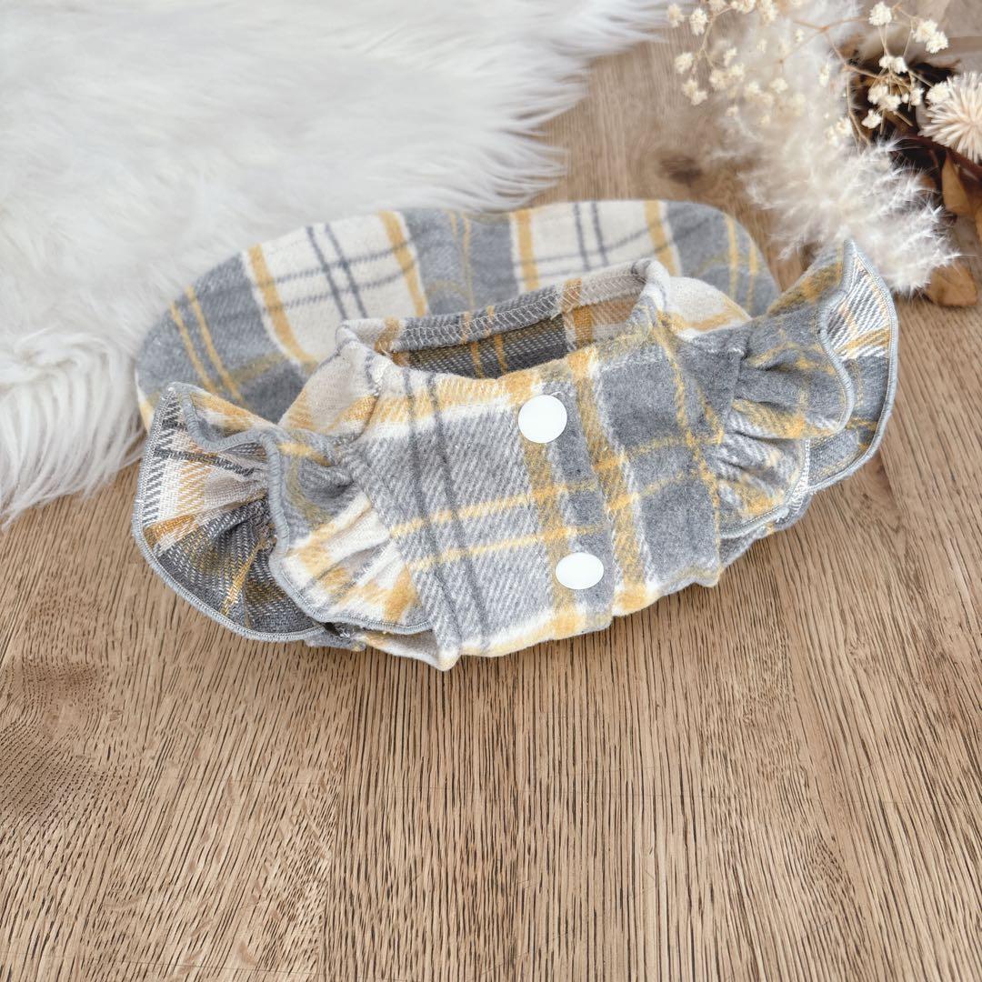 ハンドメイド　グレー×イエロー起毛チェック　フリル付きノーカラー前開きワンピ