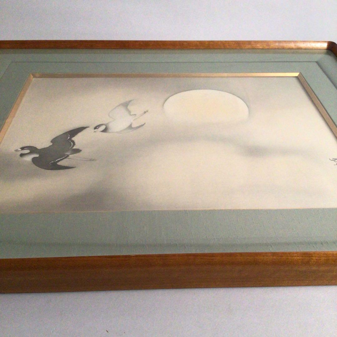 No3770 額装　在銘　紫水　月に千鳥図　日本画　10号　絹本　古画　送料無料