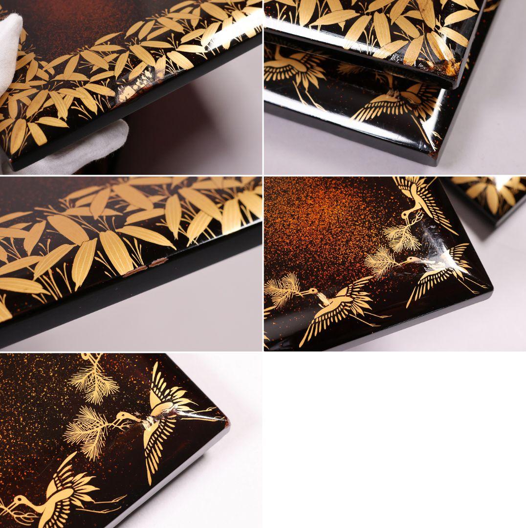 【MB207】時代漆芸 絵変金蒔絵 五段重箱 蓋二枚 小紋 梨地 内朱塗 天然木