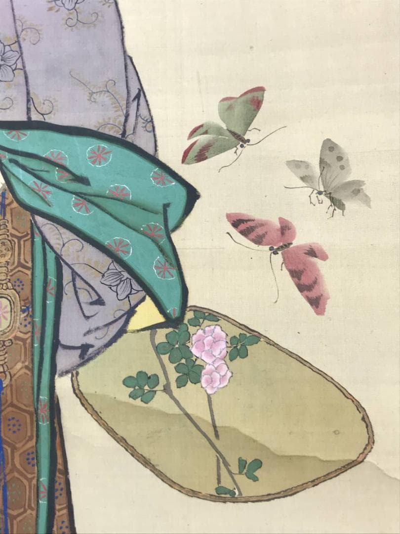 【真作】義原一窓/唐美人に蝶図/美人図/掛軸☆宝船☆AD-602