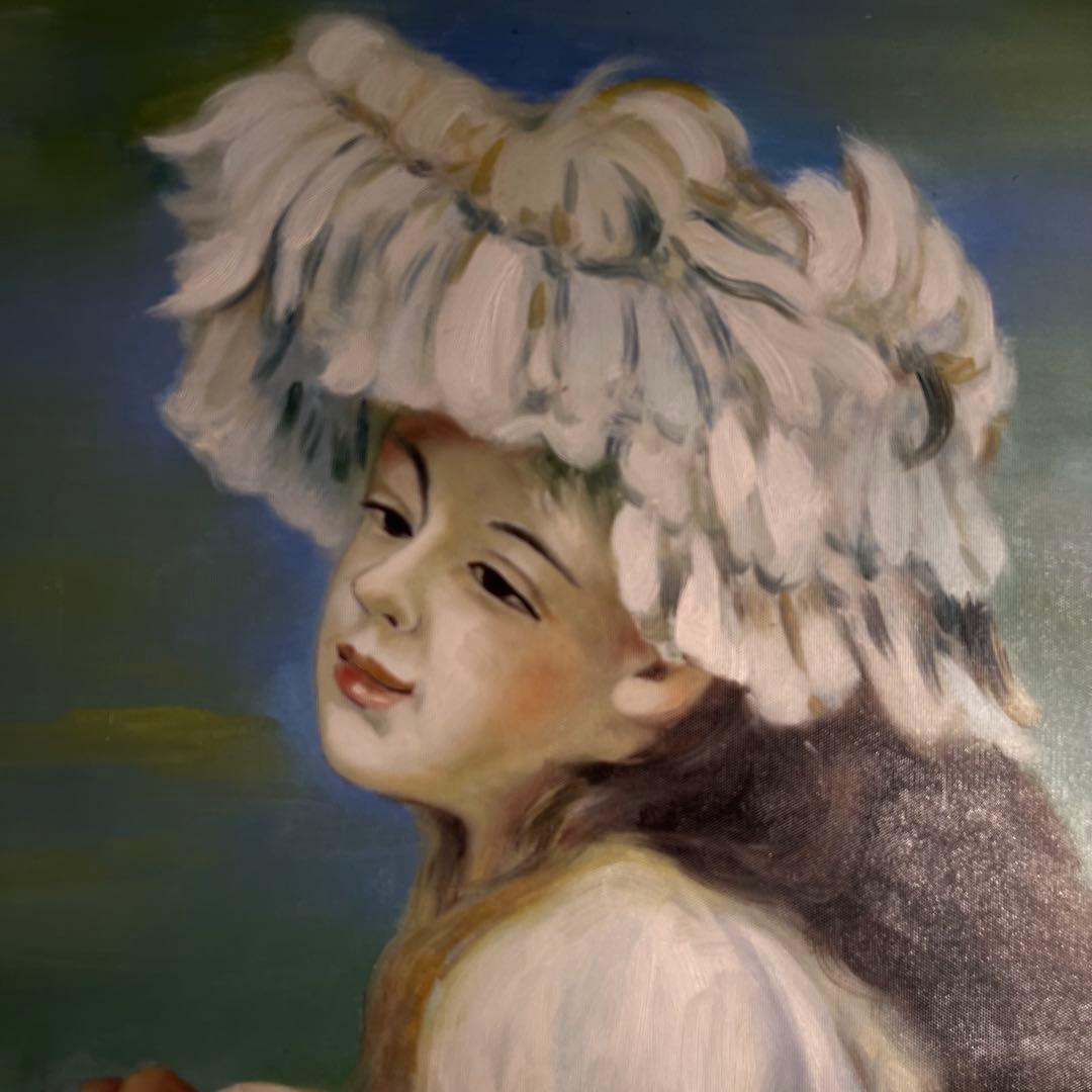 ★秀作★手書き油絵 ルノワール レース帽子の少女 額付 肉筆絵画 油彩画
