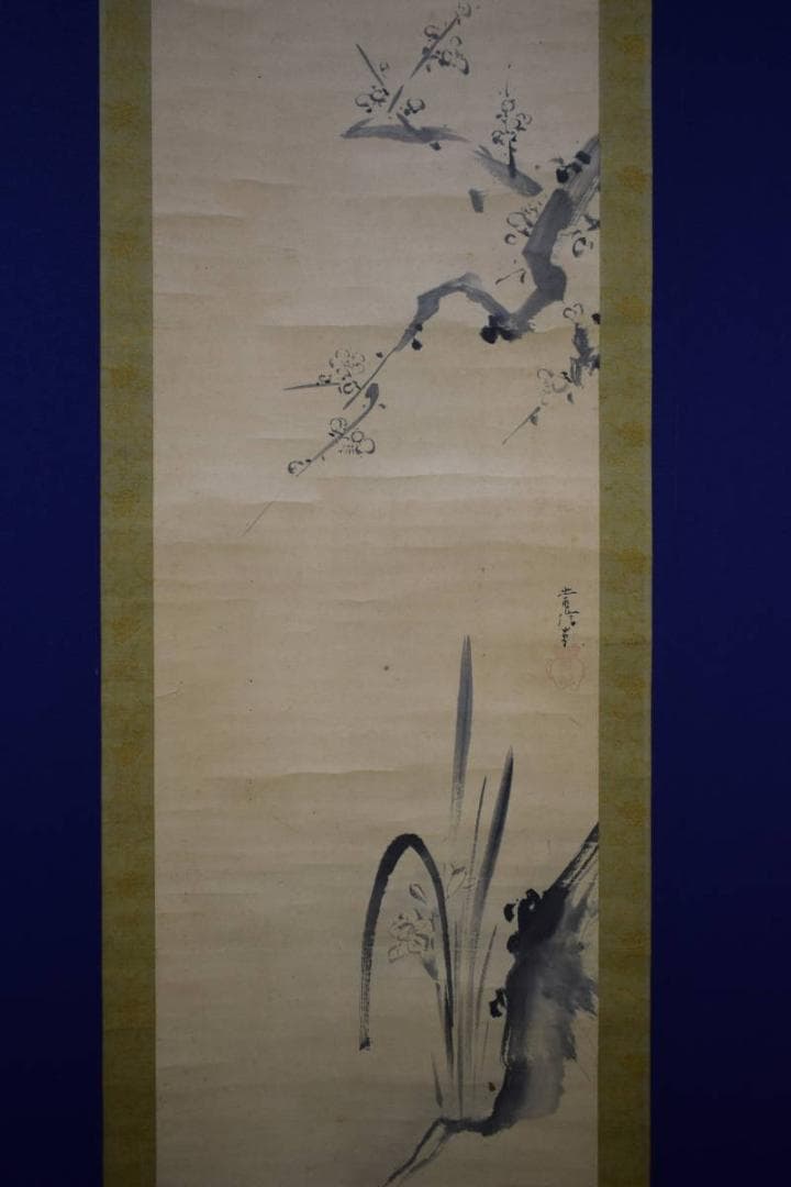真作/狩野常信/梅花水仙図/布袋屋掛軸HH-912
