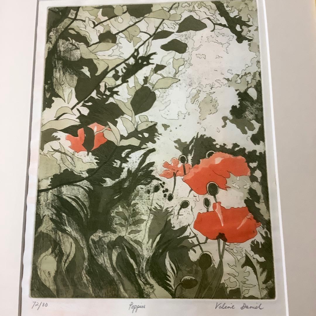 Valerie Daniel ポピー 花の版画 72/80金色フレーム付き
