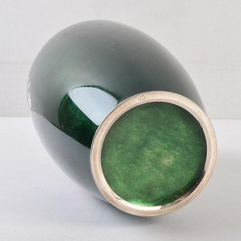 七宝焼　安藤七宝店　緑透釉　四君子文　花瓶　唐木台付　共箱　M　R9508