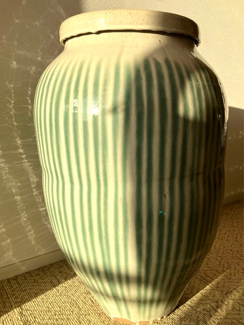 信楽焼　茶壺　大壺　すだれ壺　ストライプ柄　明治　アンティーク