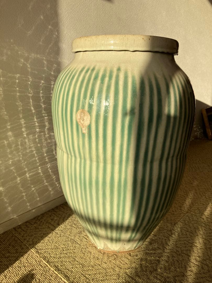 信楽焼　茶壺　大壺　すだれ壺　ストライプ柄　明治　アンティーク