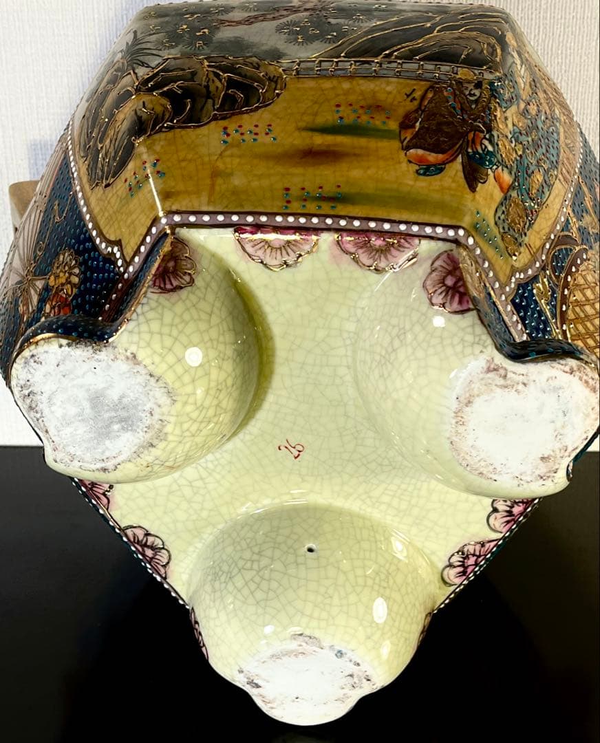 【薩摩焼 特大三足香炉】金爛手 花詰図 金獅子 陶磁器 美術品 香炉 逸品 希少