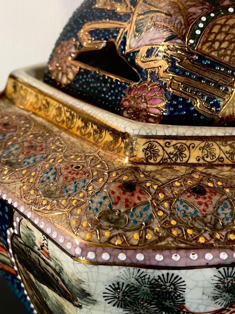 【薩摩焼 特大三足香炉】金爛手 花詰図 金獅子 陶磁器 美術品 香炉 逸品 希少