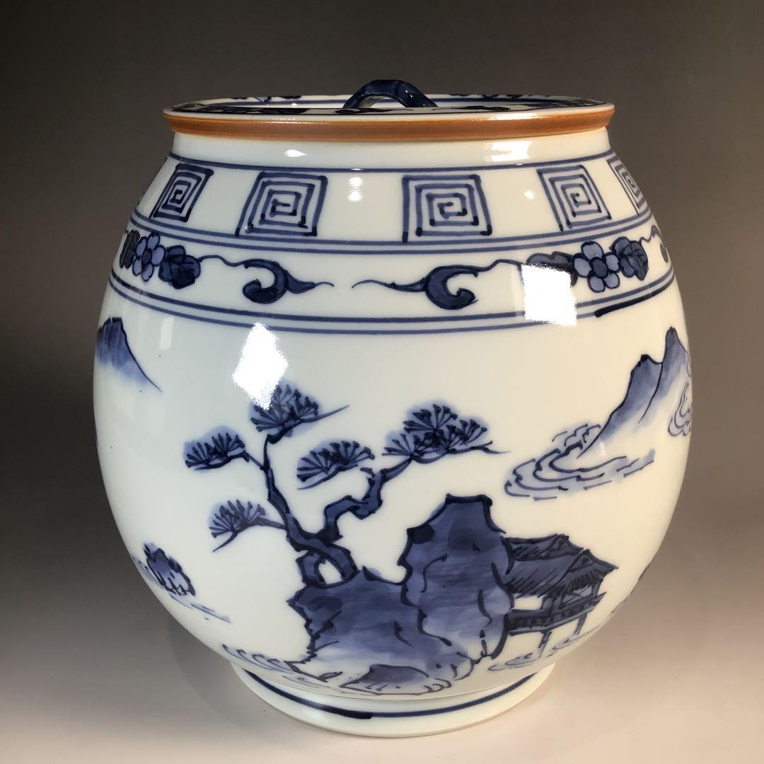 Ｍ８３７　水指　『平安桃山窯造』『染付山水人物文』『芋頭水指』　共箱　茶道具