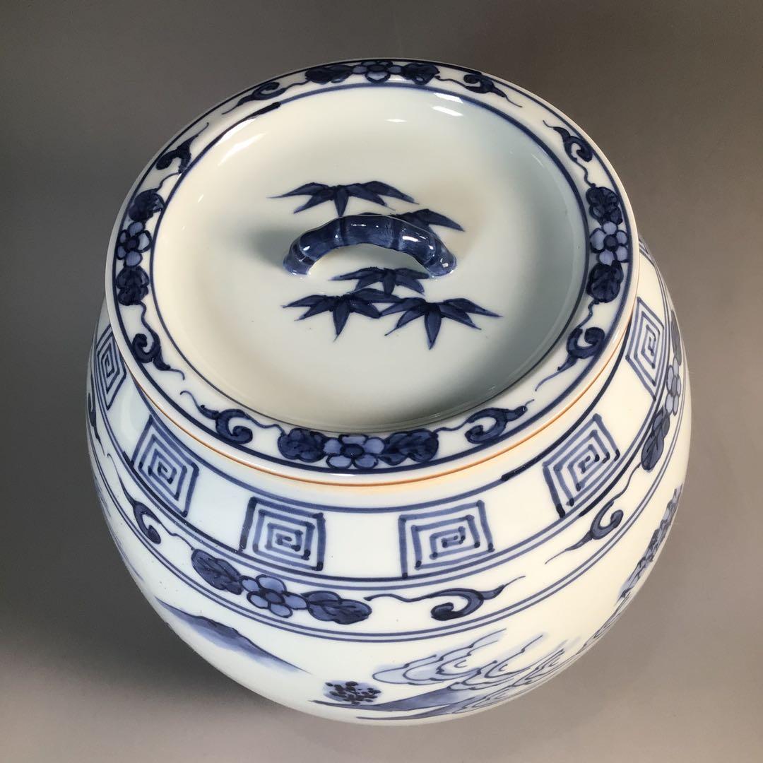 Ｍ８３７　水指　『平安桃山窯造』『染付山水人物文』『芋頭水指』　共箱　茶道具