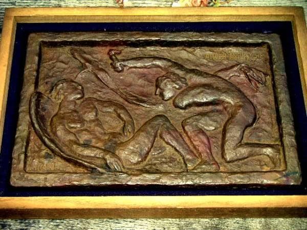 ♥毛利教武 　ブロンズ 　愛神と美女　骨董品　銅板作品