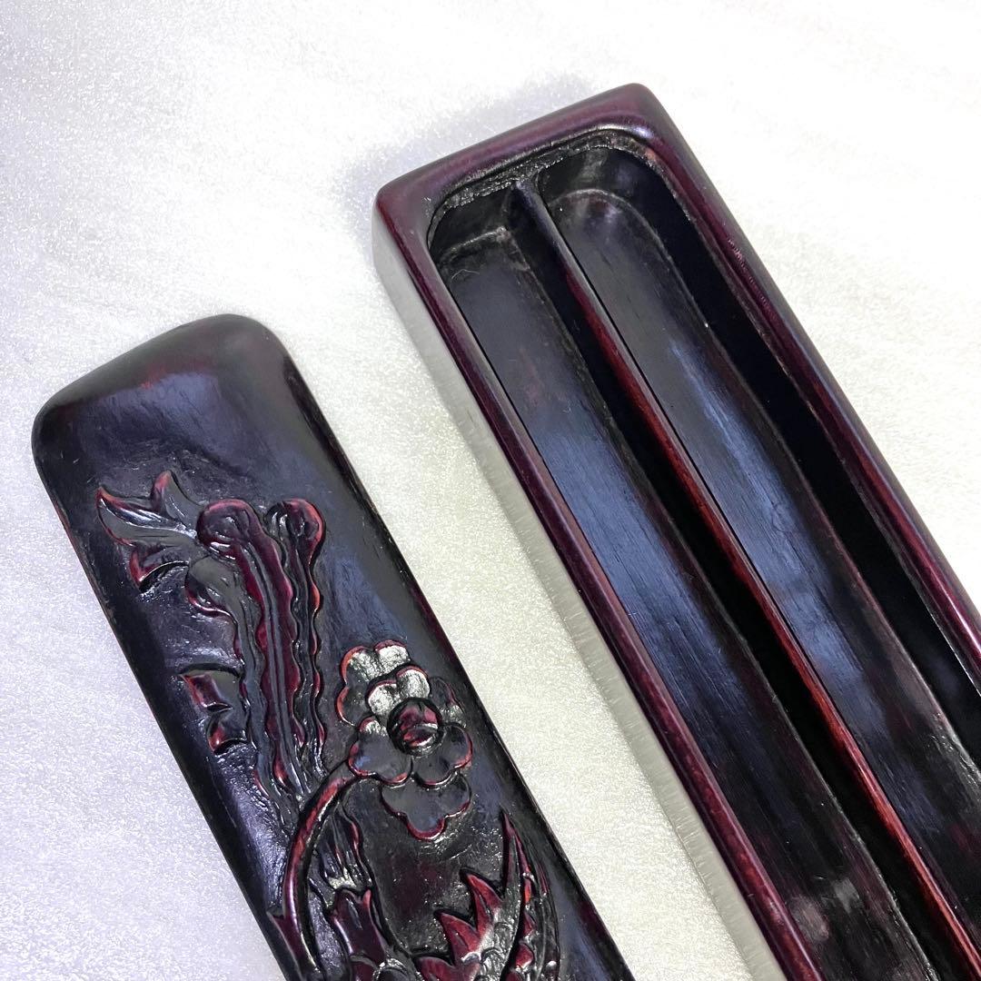 唐木　 天然木　箸箱　鳳凰龍紋様　一刀彫り　手彫り　手づくり箸箱セット 箸箱