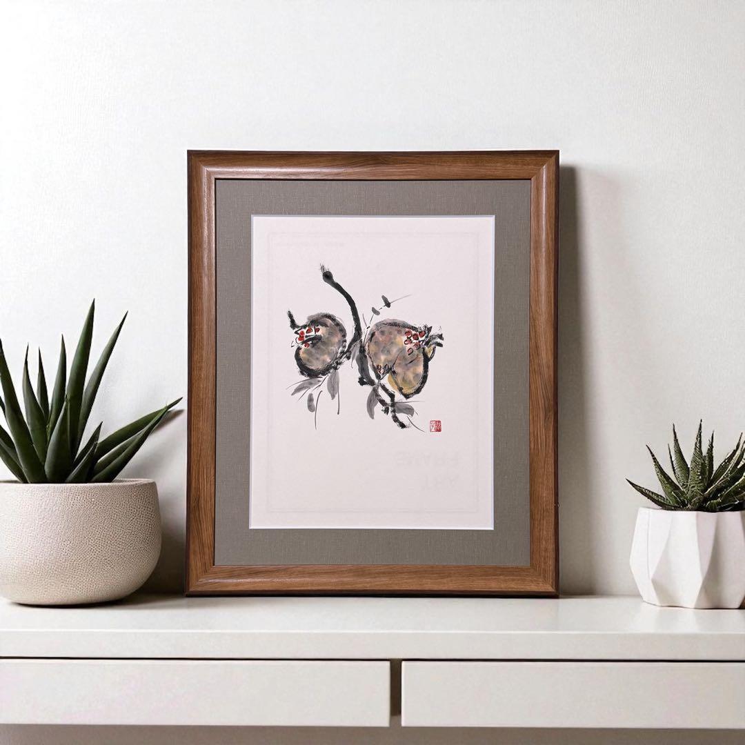 【古口翠芳/Suihou Koguchi】墨彩画　柘榴　オリジナル　木製額縁付き