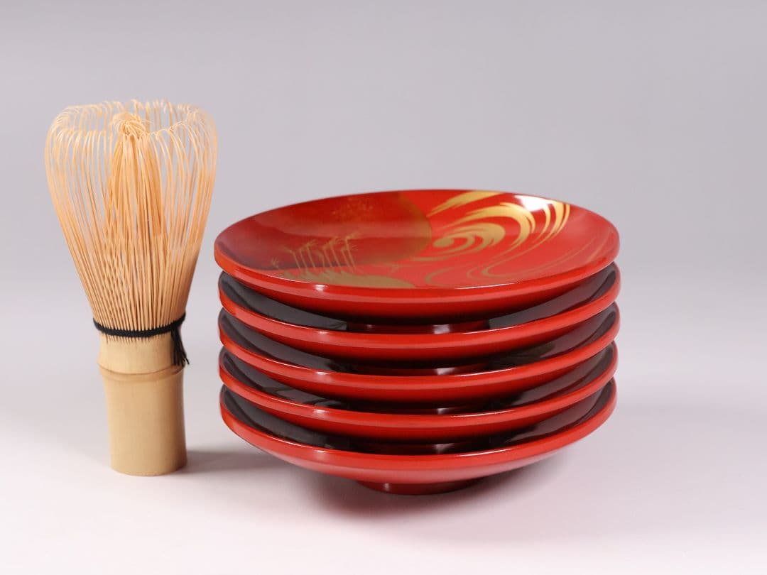 【CM375】時代木製漆器 光琳写 金蒔絵 群鶴図 朱塗 引盃 五客 小皿 杯