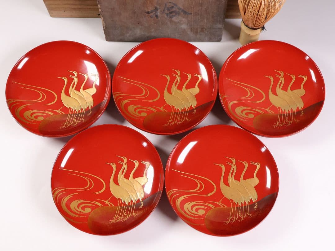 【CM375】時代木製漆器 光琳写 金蒔絵 群鶴図 朱塗 引盃 五客 小皿 杯