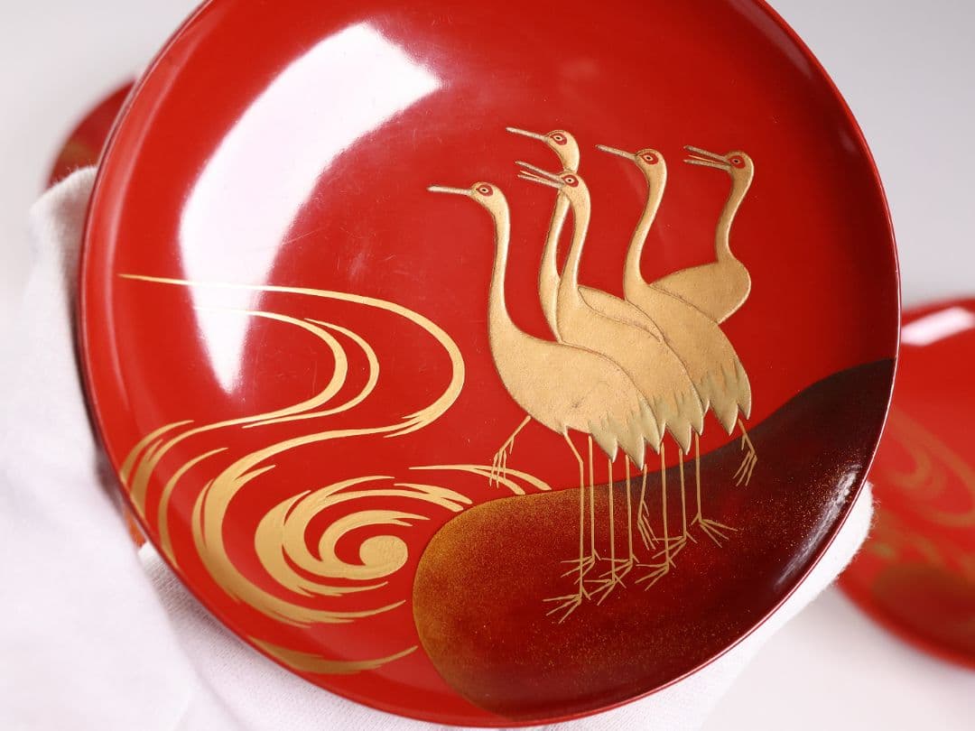 【CM375】時代木製漆器 光琳写 金蒔絵 群鶴図 朱塗 引盃 五客 小皿 杯