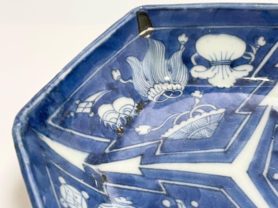 古伊万里　染付　宝尽図　幾何学　六角形　向付　小皿　4枚　アンティーク　骨董