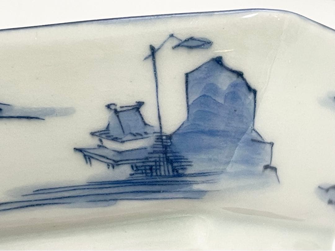 古伊万里　染付　宝尽図　幾何学　六角形　向付　小皿　4枚　アンティーク　骨董