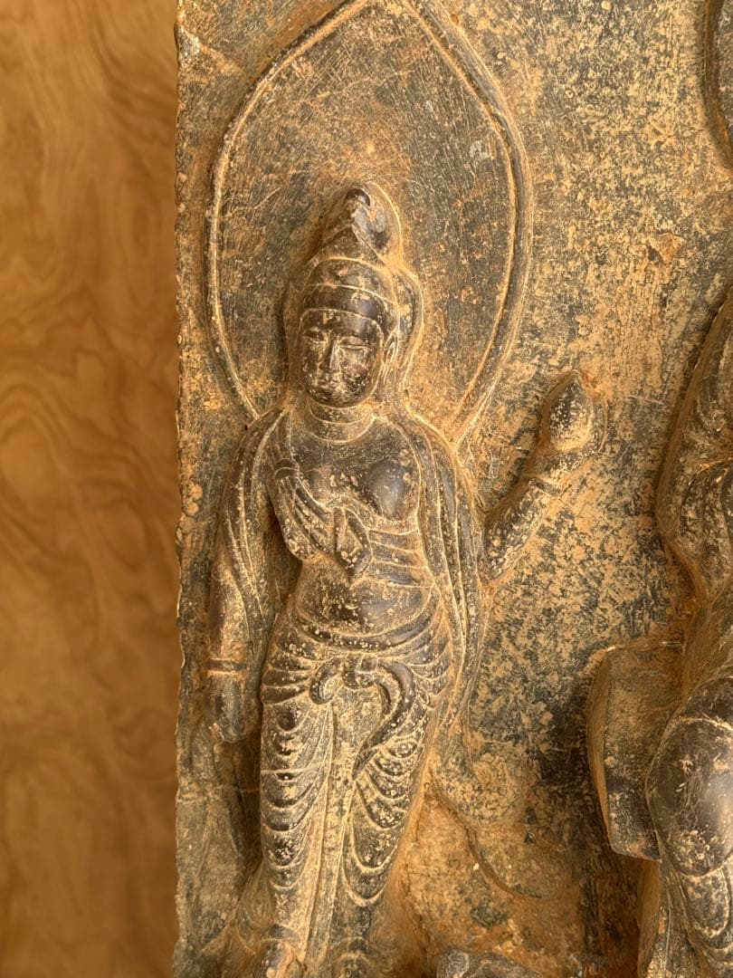 中国　石佛　三尊佛　台付　仏教美術　高さ約51cm 送料込み251211