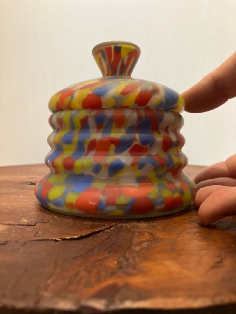 魅惑のマーブル模様の蓋物練りガラス器◇レトロガラス◇アンティークガラス◇古ガラス