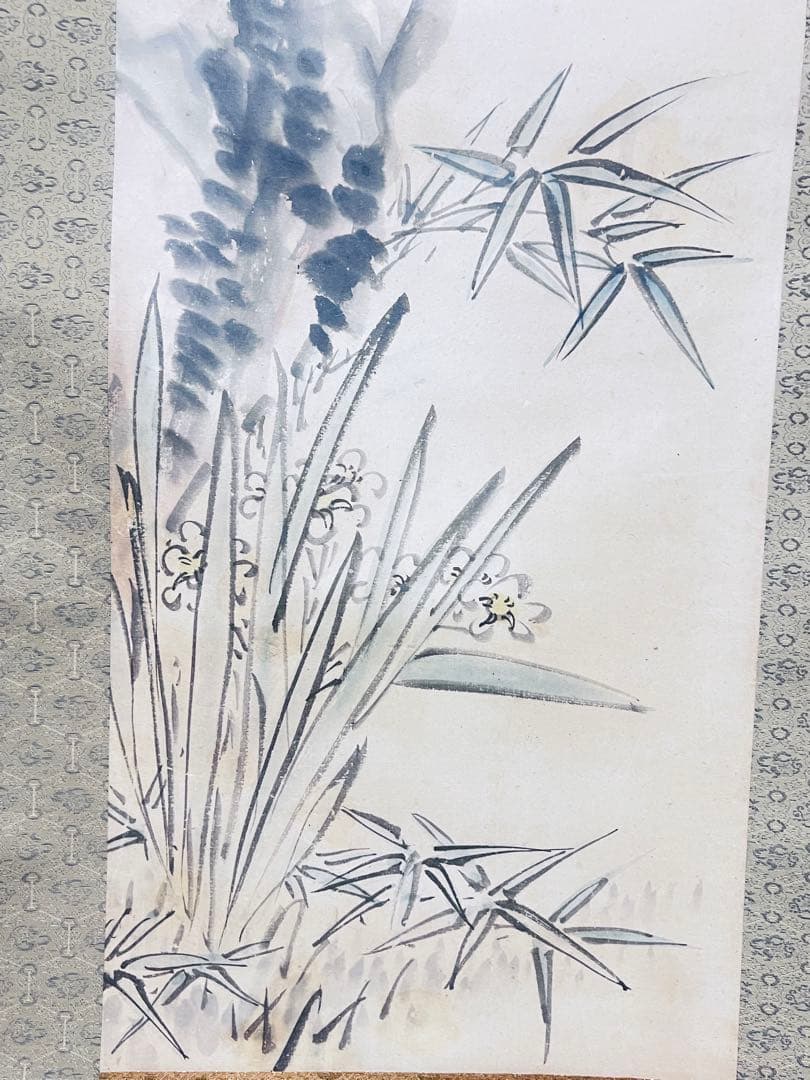 竹と花の水墨画 掛軸12–03